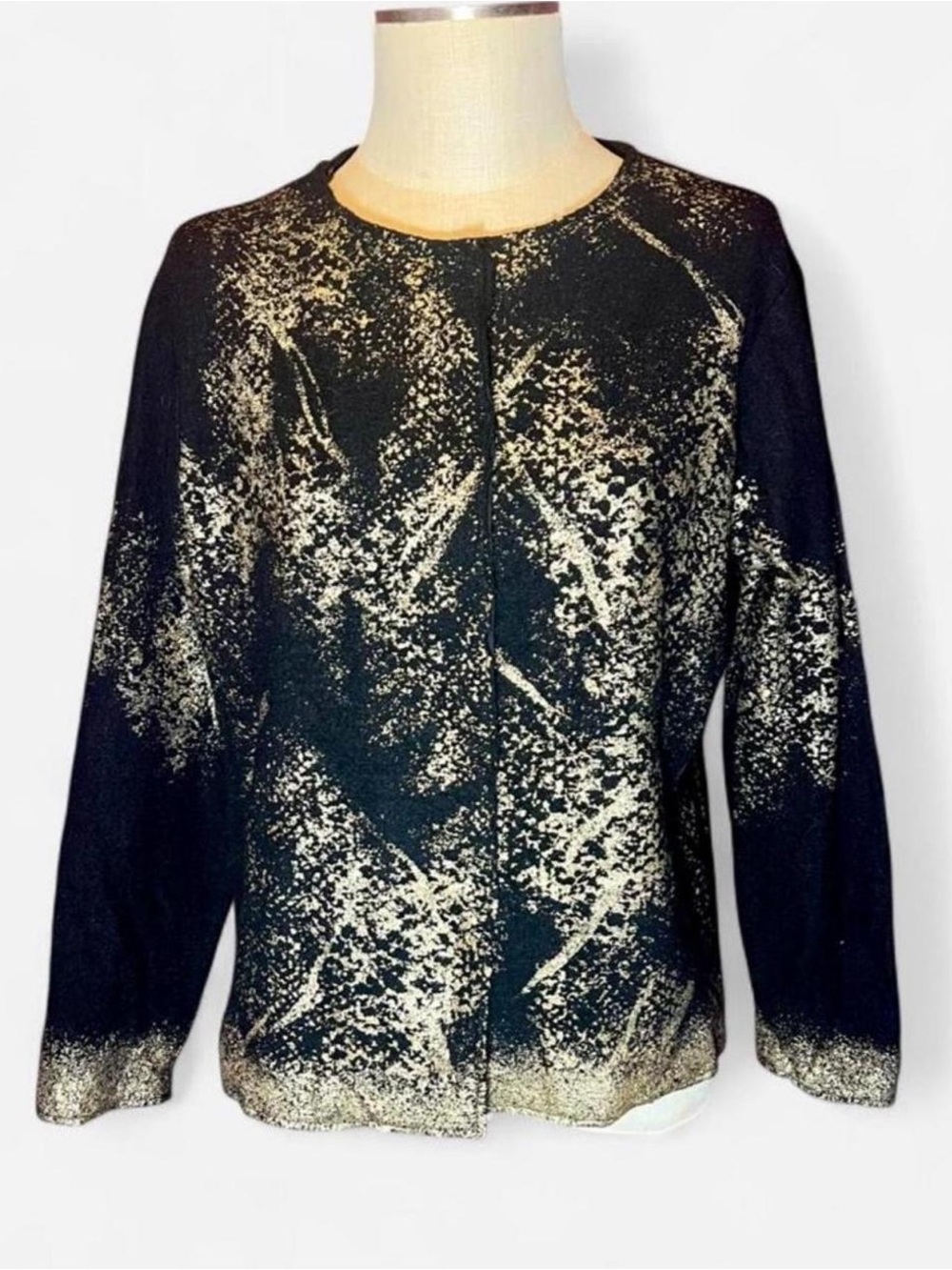 🖤Chico's Wool Cardigan w Metallic Gold/Cream Speckle Print